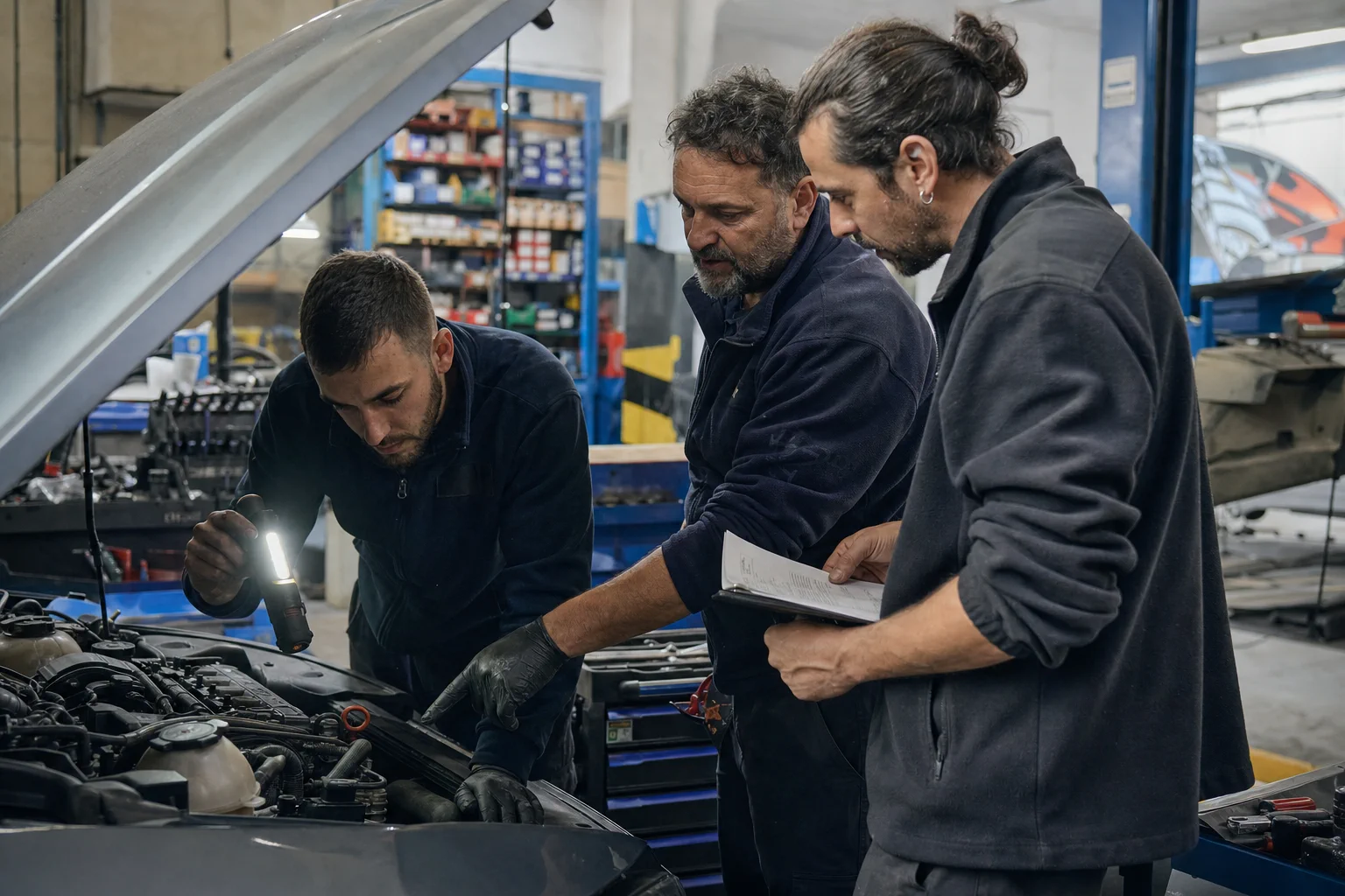 Equipo de taller coordinando una reparación alrededor de una tableta