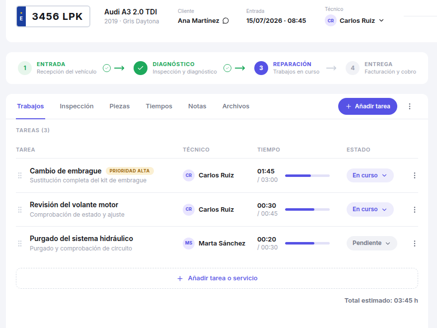 Panel real de Autena Pro con una orden de trabajo en reparación, sus tareas, técnicos y tiempos